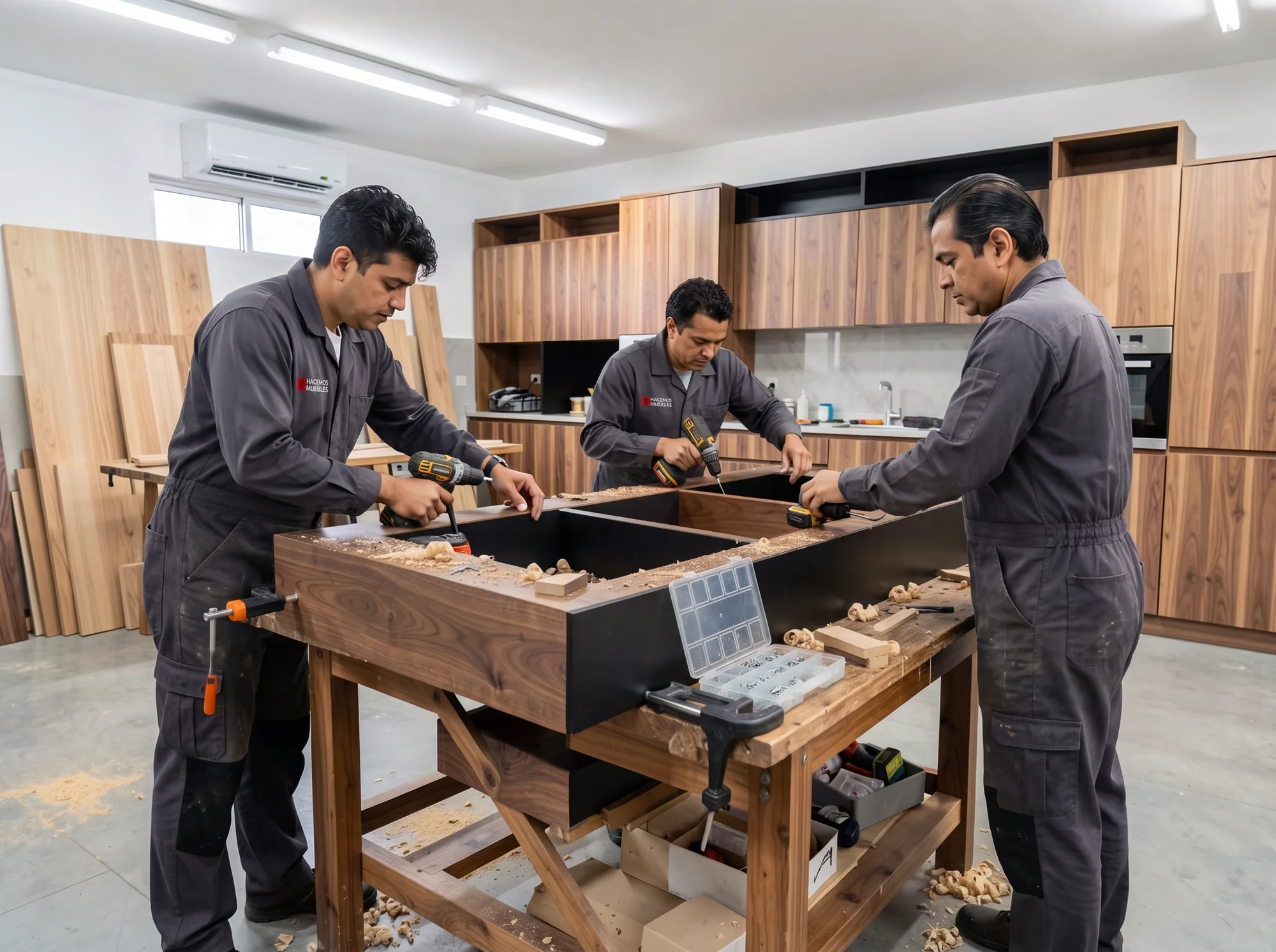 Carpinteros armando un mueble a mano en el taller