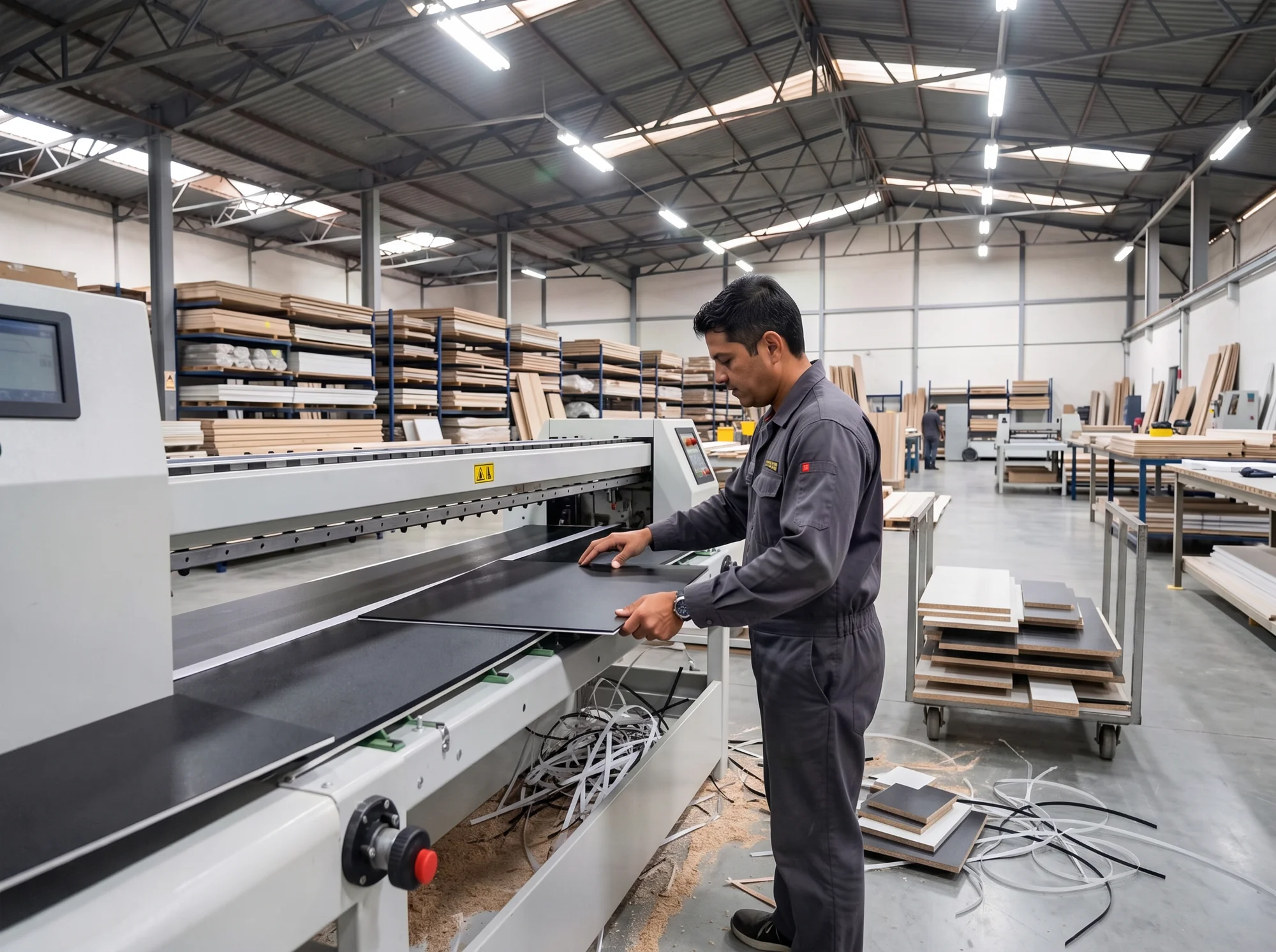 Máquina industrial aplicando cantos a un tablero de madera