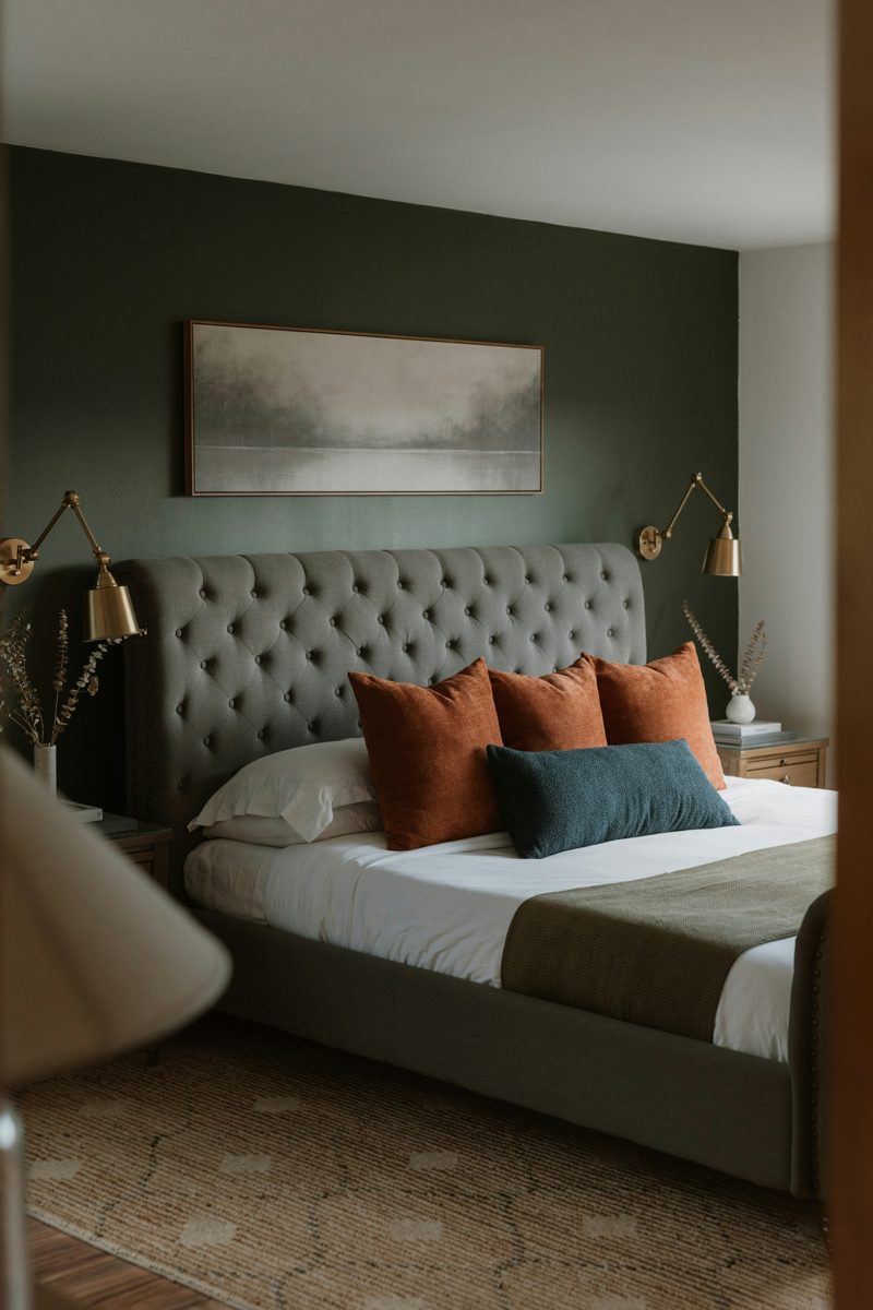 Cama con cabecera tapizada verde y textiles suaves