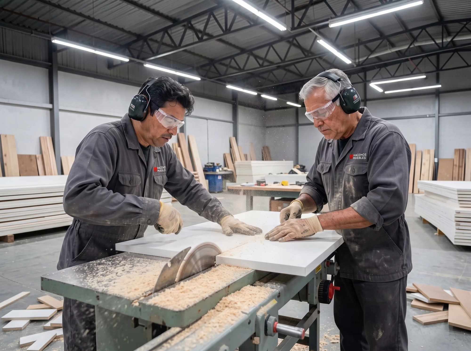 Corte de tableros con maquinaria industrial en el taller