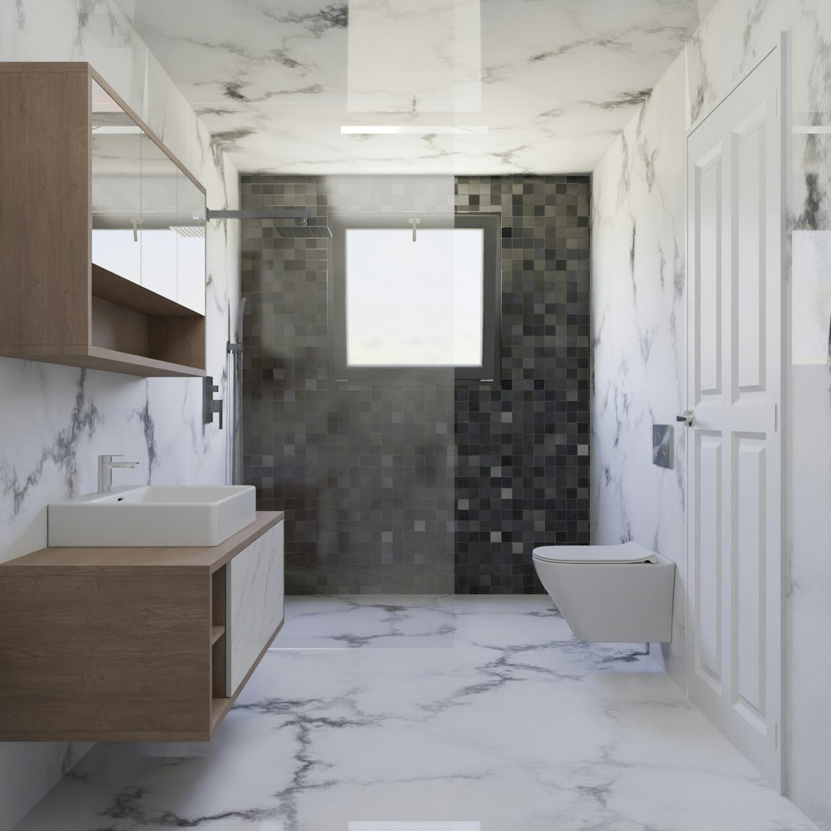 Baño contemporáneo con lavamanos de madera y revestimiento de piedra