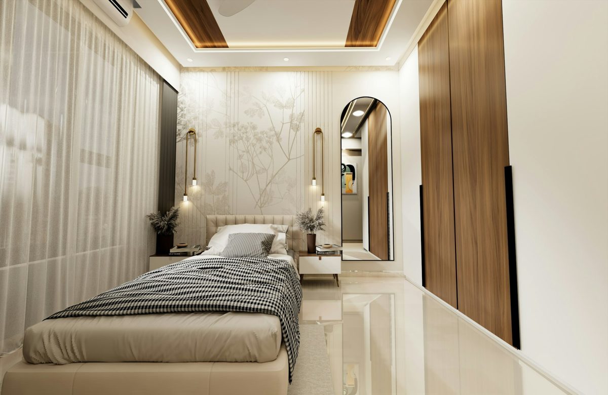 Dormitorio contemporáneo con cama tapizada y detalles de madera