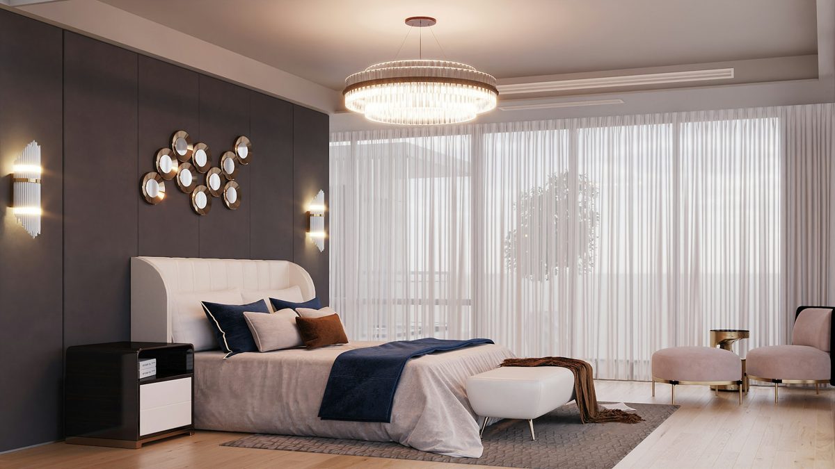 Dormitorio elegante con cabecera tapizada, madera y luz natural